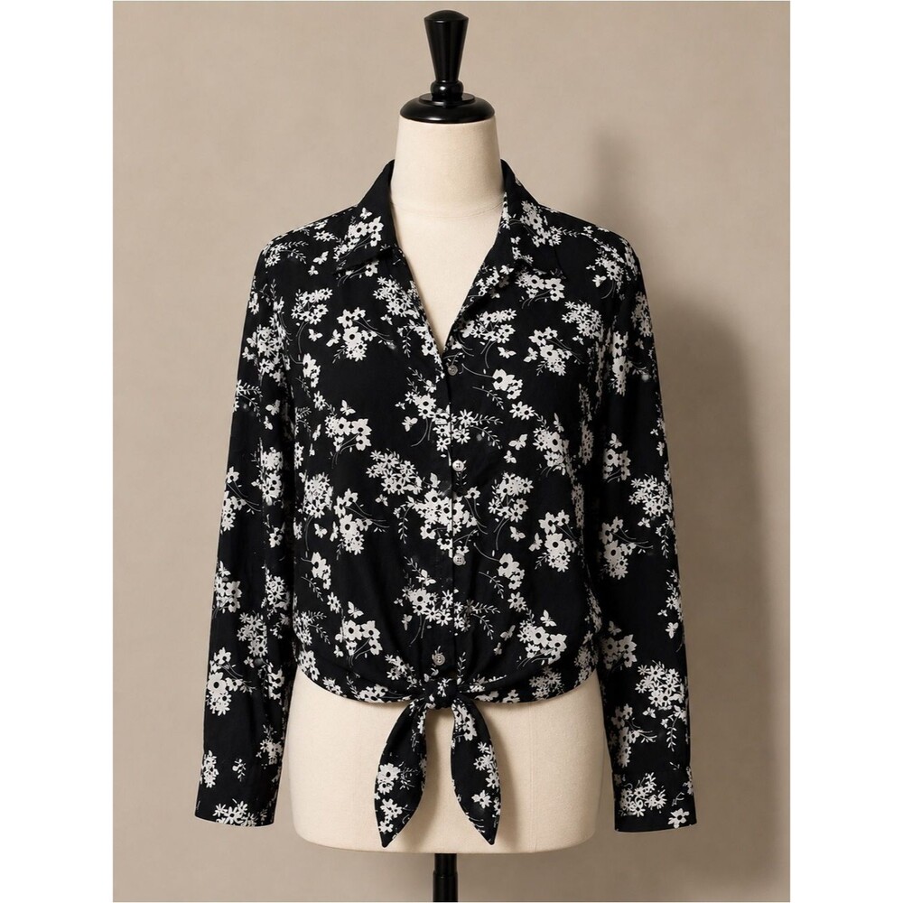 MICHAEL Michael Kors Black & White Floral Tie-Front Button Down Shirt